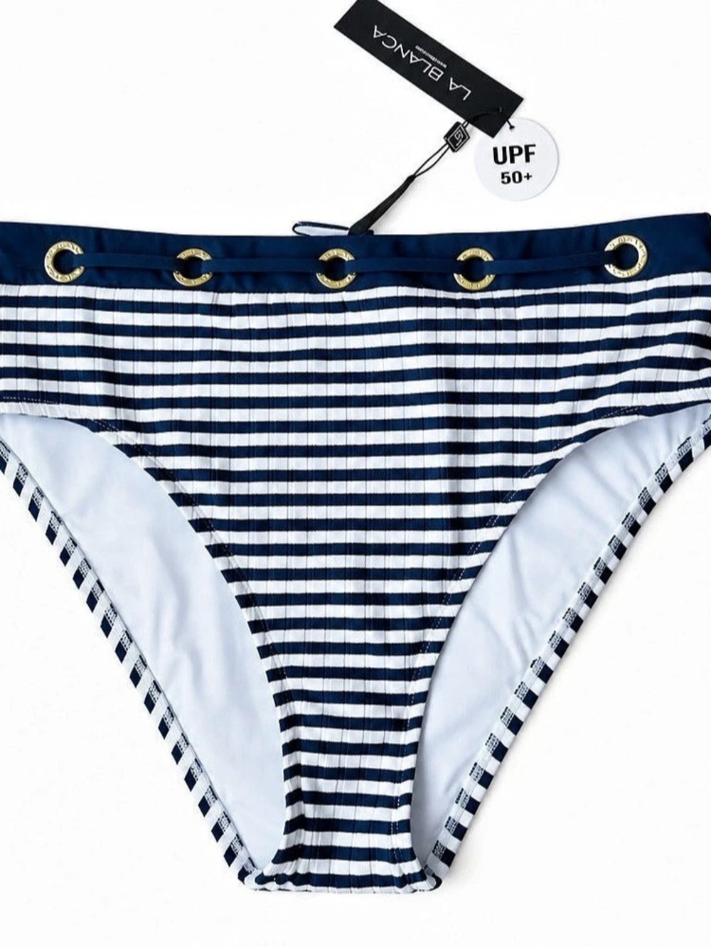 La Blanca Capri Stripe Belted High Waist Bottom Bikini Bottom Blue & White Size